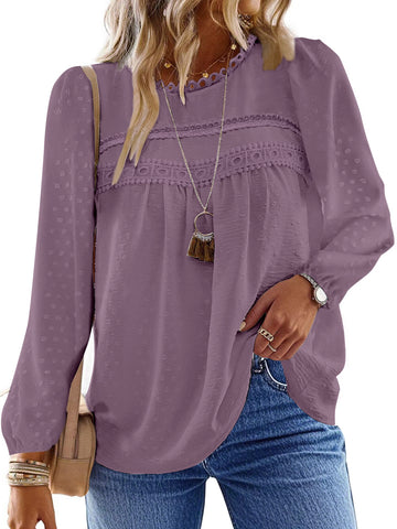 UVN Fall Shirts for Women Long Sleeve Blouses Ladies Crewneck Lace Crochet Tops Dressy Chiffon Blouses