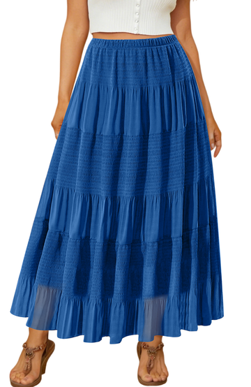 UVN Skirts for Women Summer Chiffon Pleated A-Line Long Skirt Elastic High Waist Swing Tiered Boho Beach Floral Print Maxi Skirts