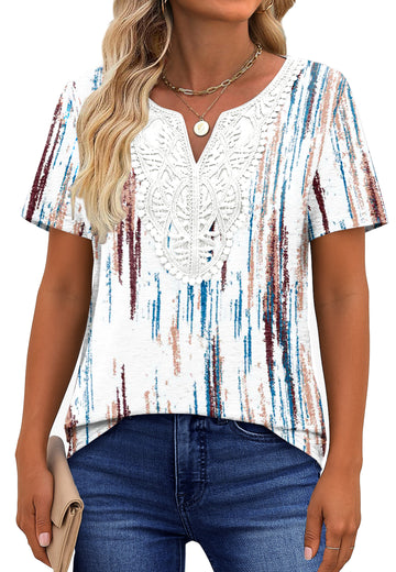 UVN Blouses for Women Summer Short Sleeve V Neck Lace Shirts Dressy Casual Boho Tunic Tops