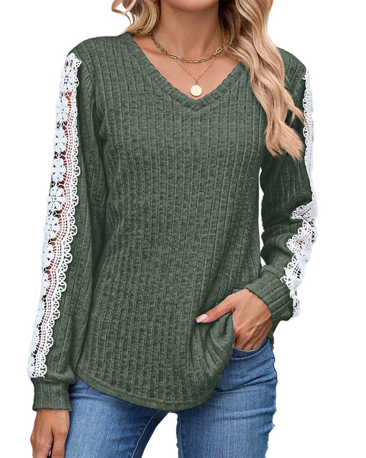 UVN Long Sleeve Shirts for Women Fall V Neck Lace Blouses Casual Dressy Tunic Pullover Sweaters Tops