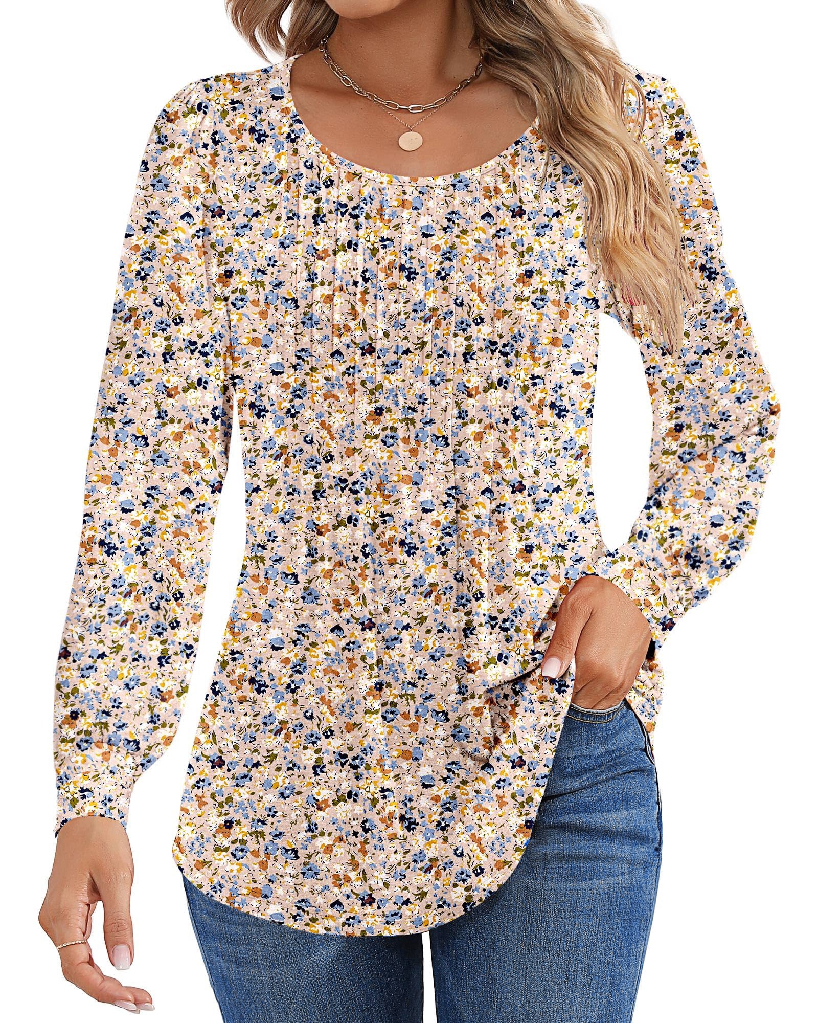 UVN Blouses for Women Pleated Long Sleeve Shirts Crew Neck Dressy Casual Tunic Tops