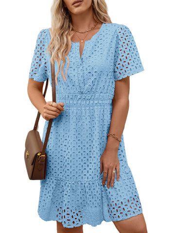 UVN Women Dress Summer Short Sleeve V Neck Dress Ladies Caual A Line Hollow Out Lace Beach Dresses
