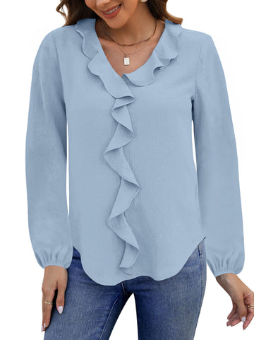 UVN Blouses for Women V Neck Long Sleeve Shirts Dressy Casual Ruffle Chiffon Tops