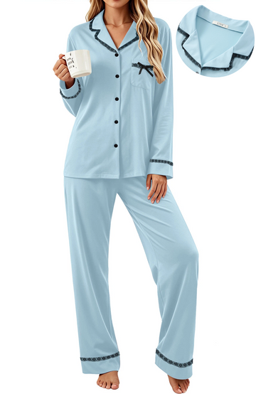 UVN Womens Pajama Sets Fall Winter Soft Pjs Lounge Sets Long Sleeve Button Down Tops and Wide Leg Pants 2 Piece Outfits Lace Sleepwear