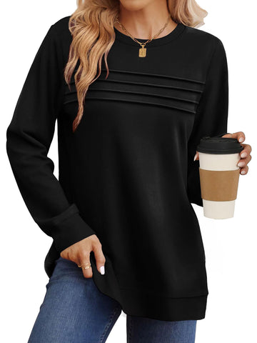 UVN Sweatshirts for Women Casual Long Sleeve Shirts Loose Fit Pleated Front Crewneck Tunic Tops