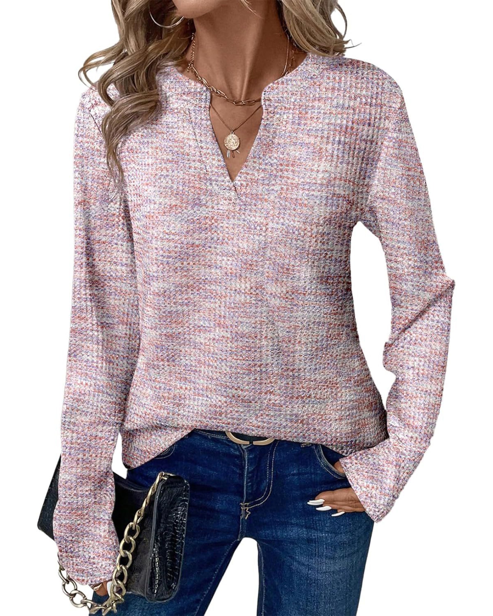 UVN Long Sleeve Shirts for Women Fall V Neck Waffle Knit Blouses Dressy Casual Tunic Tops Ladies Work Clothes