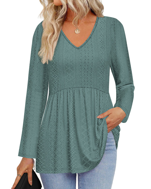 UVN Fall Blouses for Women Long Sleeve V Neck Peplum Tunic Tops Casual Babydoll Flowy T Shirts