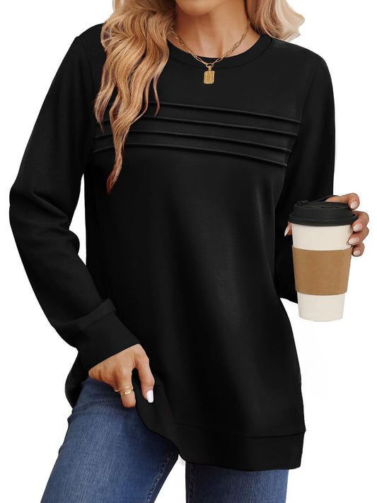 UVN Sweatshirts for Women Casual Long Sleeve Shirts Loose Fit Pleated Front Crewneck Tunic Tops
