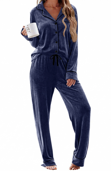 UVN Velvet Pajama Sets for Women Winter Long Sleeve Button Top and Womens Drawstring Pant Sleepwear with Pockets