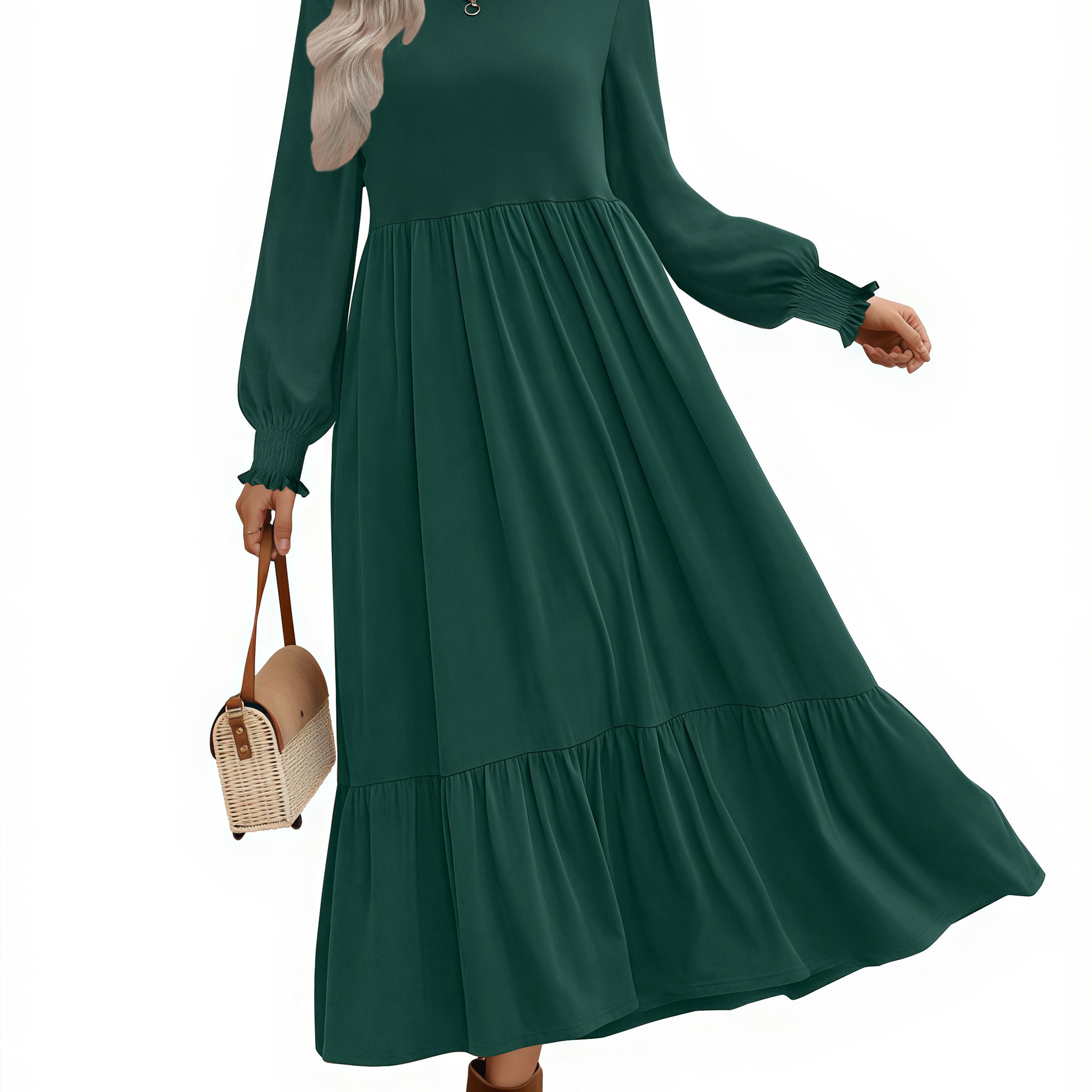 UVN Fall Long Dress for Women Crewneck Casual Long Sleeve Pleated Dresses with Pockets
