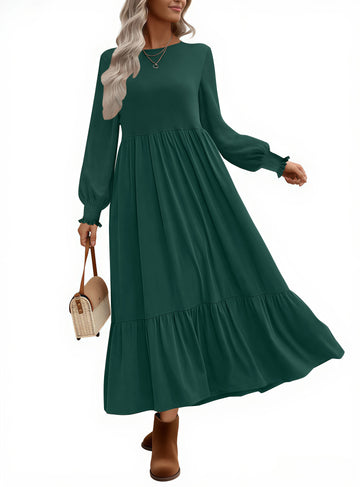 UVN Fall Long Dress for Women Crewneck Casual Long Sleeve Pleated Dresses with Pockets