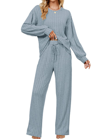 UVN Pajama Sets for Women Long Sleeve Lounge Set Ribbed Knit Sleepwear 2 Piece Pjs Soft Loungewear with Pockets