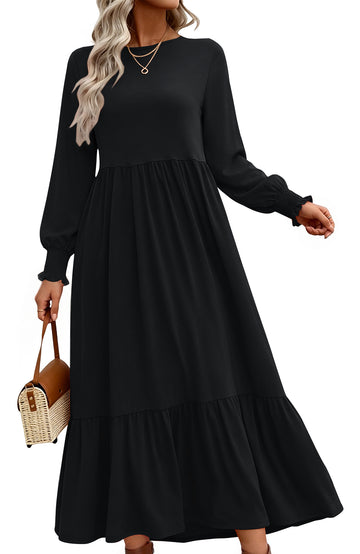 UVN Fall Long Dress for Women Crewneck Casual Long Sleeve Pleated Dresses with Pockets