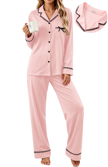 UVN Womens Pajama Sets Fall Winter Soft Pjs Lounge Sets Long Sleeve Button Down Tops and Wide Leg Pants 2 Piece Outfits Lace Sleepwear