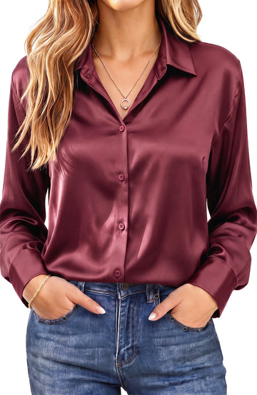 UVN Shirts for Women Long Sleeve Satin Blouses Button Down Ladies Casual Top