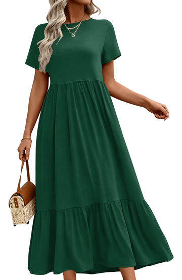 UVN Long Dresses for Women Summer Short Sleeve Casual Crewneck Maxi Dress with Pockets