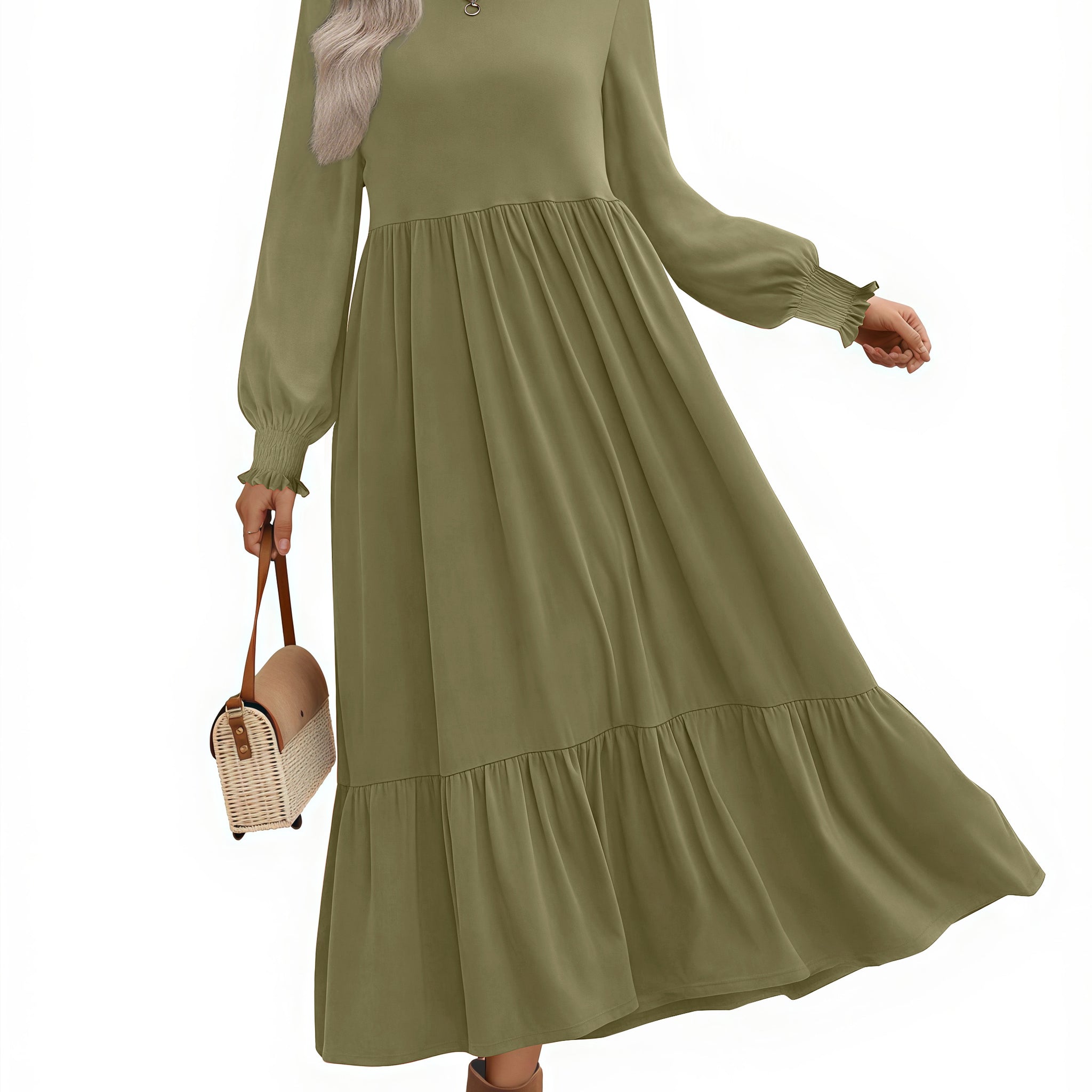 UVN Fall Long Dress for Women Crewneck Casual Long Sleeve Pleated Dresses with Pockets