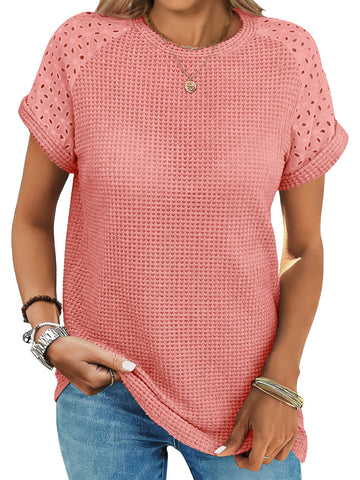 UVN Summer Blouses for Women Short Sleeve Crewneck Dressy Shirts Ladies Casual Waffle Knit Hollow Out Tunic Tops