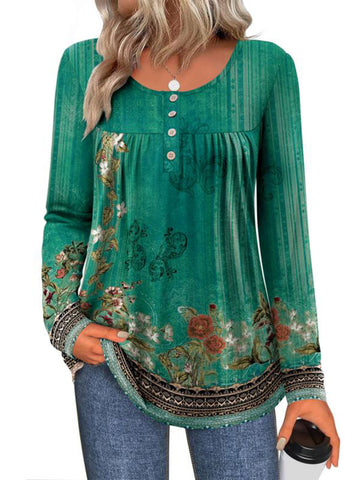 UVN Womens Blouses Long Sleeve Crew Neck Shirts Button Up Pleated Dressy Casual Tunic Tops