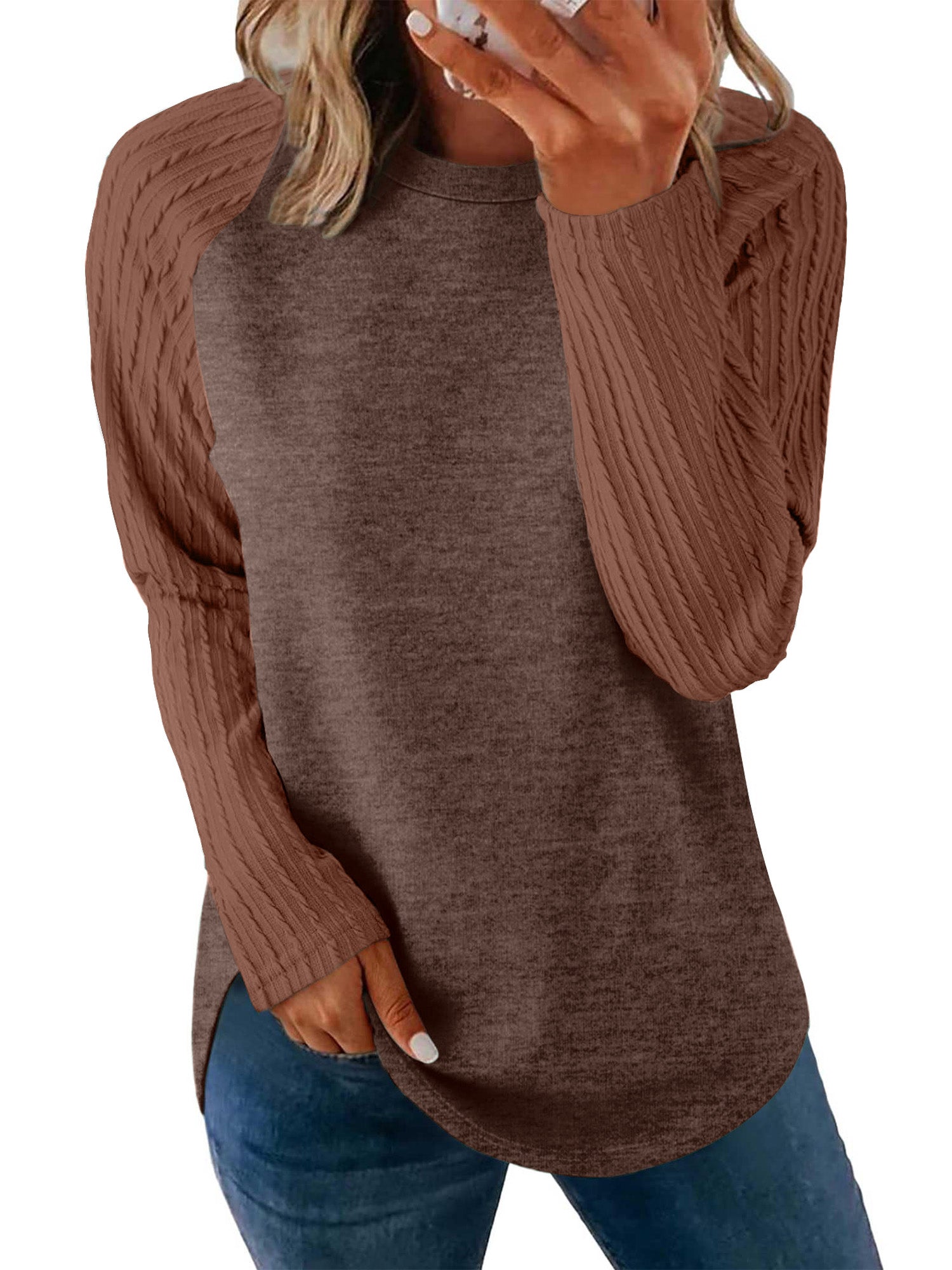 UVN Womens Sweatshirt Long Sleeve Shirts Crew Neck Fall Textured Curved Hem Tunic Tops