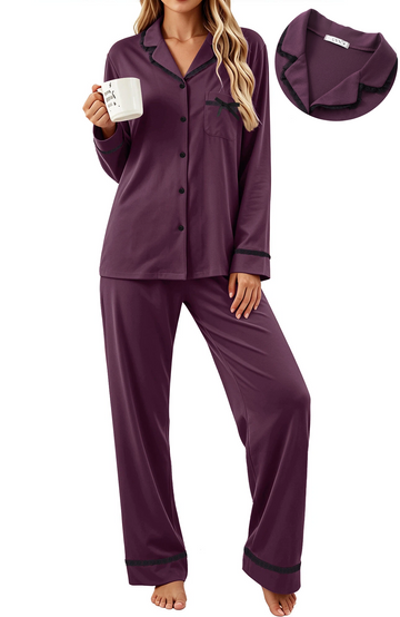 UVN Womens Pajama Sets Fall Winter Soft Pjs Lounge Sets Long Sleeve Button Down Tops and Wide Leg Pants 2 Piece Outfits Lace Sleepwear