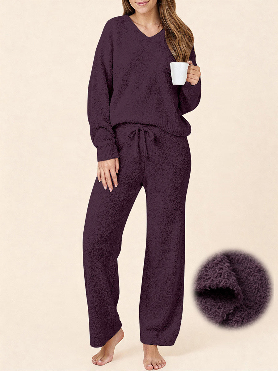 UVN Winter Pajama for Women Sweater Set Ladies V neck Tops and Long Pants Warm 2 Piece Loungewear