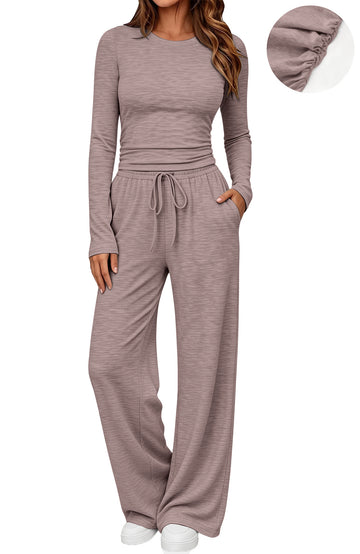 UVN Winter Womens 2 Piece Outfit Sets Ruched Long Sleeve Top and Wide Leg Pants Casual Loungewear Ladies Workout Sets