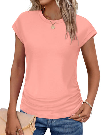 UVN Womens Blouses Summer Crew Neck Vacation Shirt for Women Cap Sleeve Dressy Casual Pleated Tops