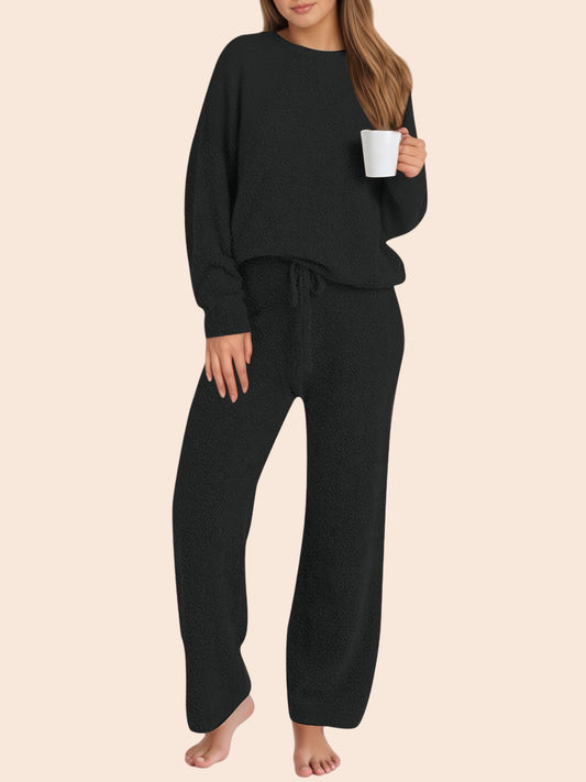 UVN Winter Pajama for Women Sweater Set Ladies Crewneck Tops and Long Pants Warm 2 Piece Loungewear
