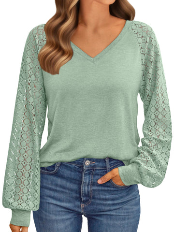 UVN Blouses for Women Dressy Lace Long Sleeve Shirts Fall Casual V Neck Tunic Tops