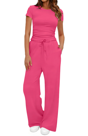 UVN Summer 2 Piece Outfit Set for Women Ruched Short Sleeve Tops and Wide Leg Pants with Pockets Casual Tracksuit Sets Ladies Loungewear