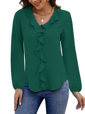 UVN Blouses for Women V Neck Long Sleeve Shirts Dressy Casual Ruffle Chiffon Tops
