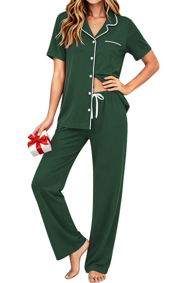 UVN Fall 2 Piece Pajamas for Women Short Sleeve Top and Long Pant Casual Button up Sleepwear Ladies Matching Set