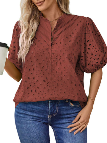 UVN Summer Blouses for Women Short Sleeve Shirts Ladies Hollow Out Lace Blouse V Neck Dressy Casual Tops