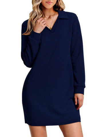 UVN Dresses for Women Long Sleeve Lapel Neck Dress Fall Casual Sweatshirt Dresses
