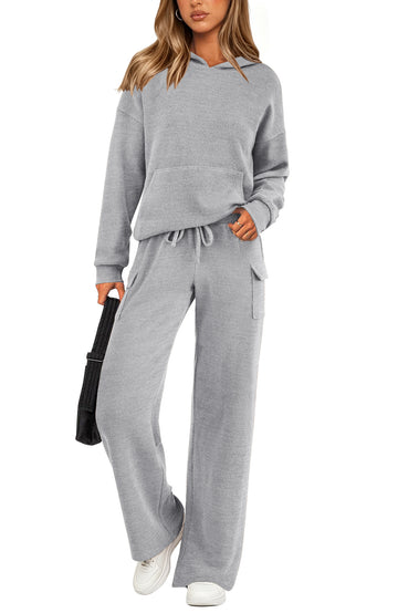 UVN Two Piece Sets for Women Fall Casual Lounge Outfits Long Sleeve Hoodies Tops and Cargo Pants Tracksuits with Pockets