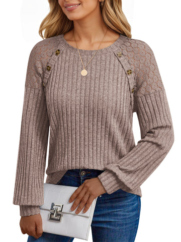 UVN Blouses for Women Casual Long Sleeve Shirts Dressy Hollow Out Lace Button Tops Fall Lightweight Pullover