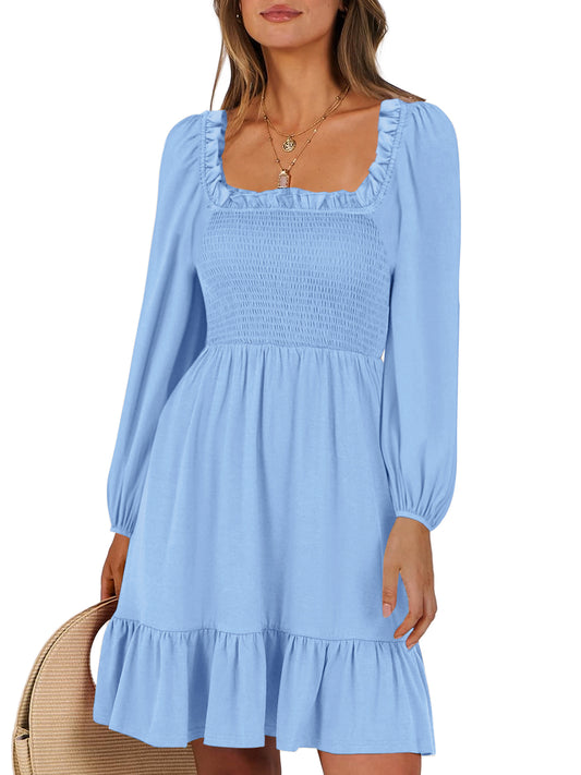 UVN Dresses for Women Casual Long Sleeve Square Neck Dress Ruffle Pleated Flowy Midi Dress
