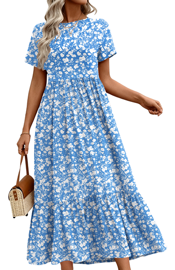 UVN Long Dresses for Women Summer Short Sleeve Casual Crewneck Maxi Dress with Pockets