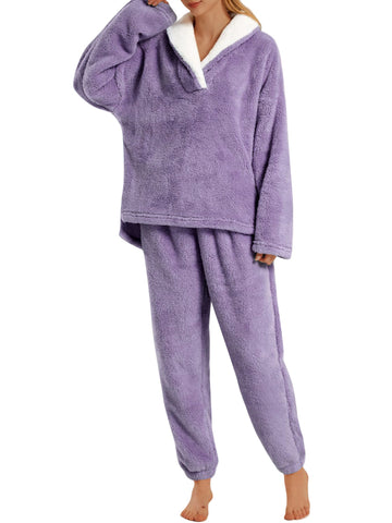 UVN Winter Pajamas for Women Fuzzy Loungewear Sets Ladies Fleece Long Sleeve Tops and Long Pants 2 Piece Sleepwear