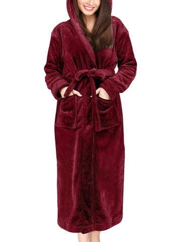 UVN Long Robes for Women Winter Plush Fleece Hooded Bathrobe Soft Cozy Fluffy Sleepwear Nightgown with Pockets