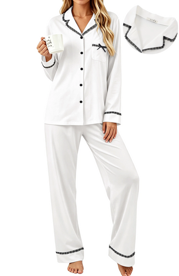 UVN Womens Pajama Sets Fall Winter Soft Pjs Lounge Sets Long Sleeve Button Down Tops and Wide Leg Pants 2 Piece Outfits Lace Sleepwear