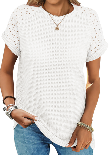 UVN Summer Blouses for Women Short Sleeve Crewneck Dressy Shirts Ladies Casual Waffle Knit Hollow Out Tunic Tops