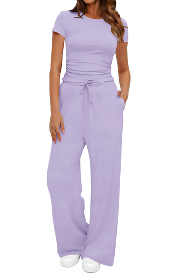 UVN Summer 2 Piece Outfit Set for Women Ruched Short Sleeve Tops and Wide Leg Pants with Pockets Casual Tracksuit Sets Ladies Loungewear