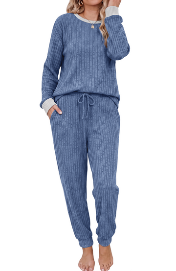 UVN Womens Pajama Set Two Piece Color-blocked Long Sleeve Top and Long Pants Ladies Fall Matching Oufits Casual Loungewear
