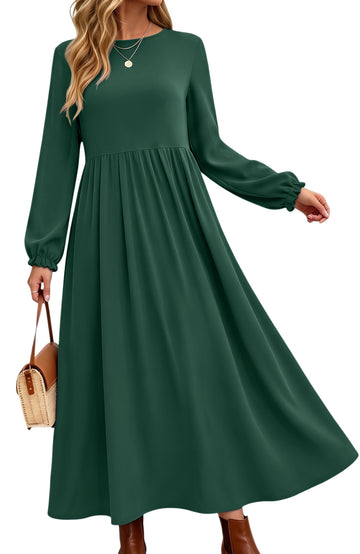 UVN Fall Long Dress for Women Crewneck Casual Long Sleeve Pleated Dresses with Pockets