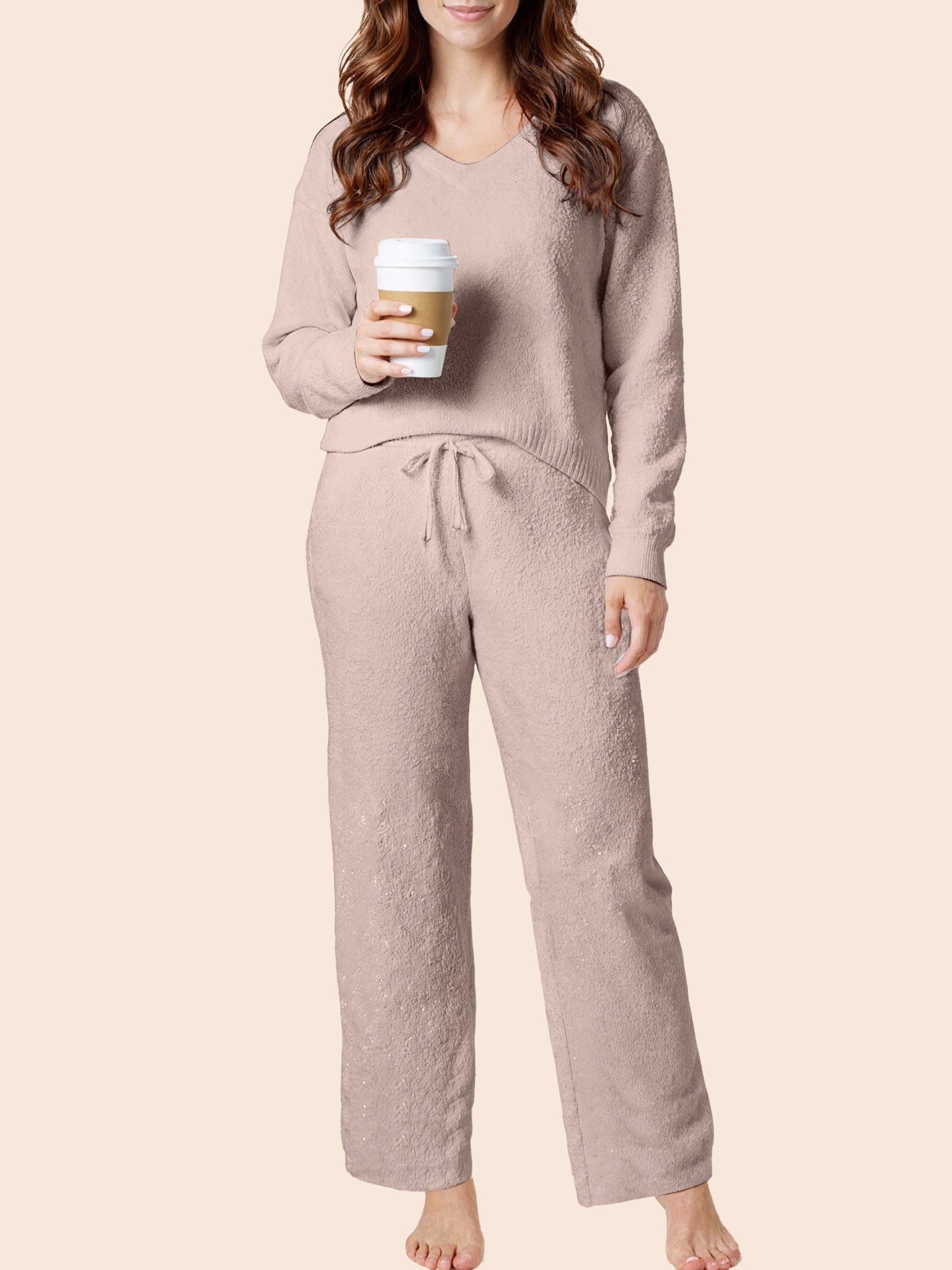UVN Winter Pajama for Women Sweater Set Ladies V neck Tops and Long Pants Warm 2 Piece Loungewear