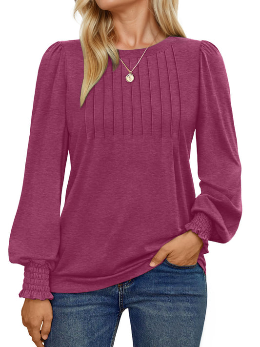 UVN Plus Size Tops for Women Pleated Long Sleeve Shirts Dressy Casual Crewneck Fall Blouses