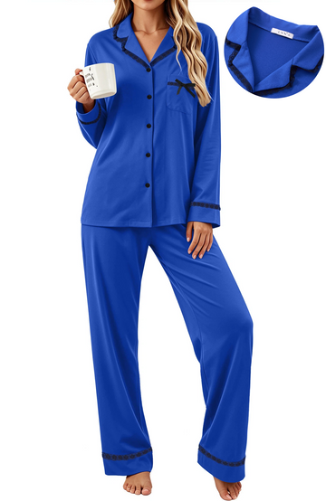 UVN Womens Pajama Sets Fall Winter Soft Pjs Lounge Sets Long Sleeve Button Down Tops and Wide Leg Pants 2 Piece Outfits Lace Sleepwear