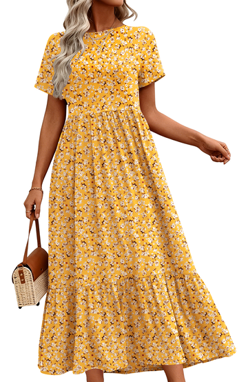 UVN Long Dresses for Women Summer Short Sleeve Casual Crewneck Maxi Dress with Pockets